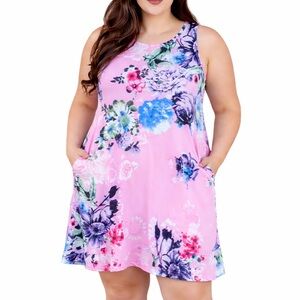 Plus size pink floral print sleeveless stretch shift style pocket dress 3XL